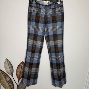 D6 LL Bean Womens Blue Brown Plaid Wool Tartan Preppy Wide Leg Trousers Pants  2